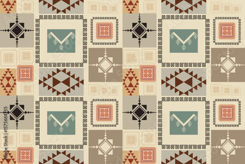Seamless tribal geometric vector pattern in warm vintage tones. Perfect for fabric, packaging, home decor, and ethnic-inspired design projects.