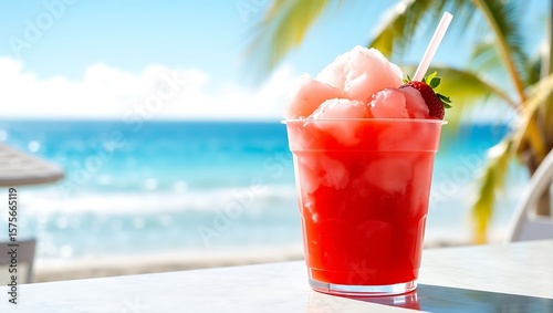 Strawberry Shaved Ice by the Ocean on a Sunny Summer Day