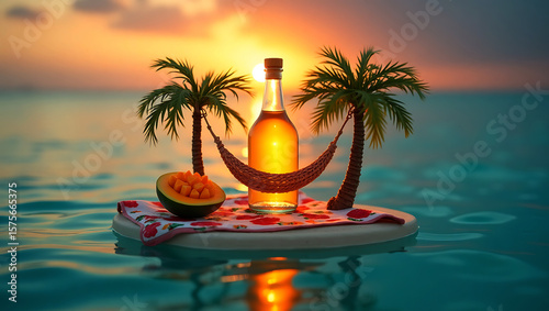 Tropical paradise island with palm trees fruit and a bottle of drink at sunset on the ocean