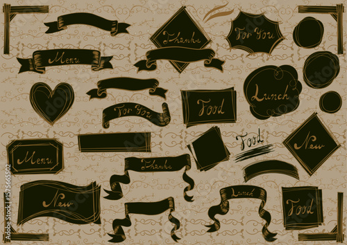 手描き文字入り レトロ風リボン＆ラベル素材セット3 Retro Ribbon and Label Set with Handwritten Text（Menu, Food, Lunch...）