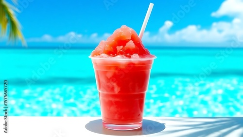 Strawberry Shaved Ice by the Ocean on a Sunny Summer Day