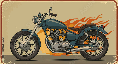 Classic Motorcycle with Flames. Vintage moto plate. EPS 10 version.
