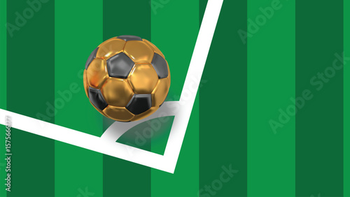 A prestigious golden soccer ball positioned for a corner kick on a vibrant green striped football pitch, symbolizing victory and success.