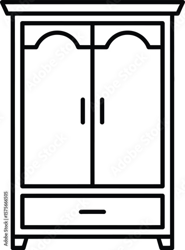 A black and white line drawing of a two-door cabinet with arched tops on the doors.