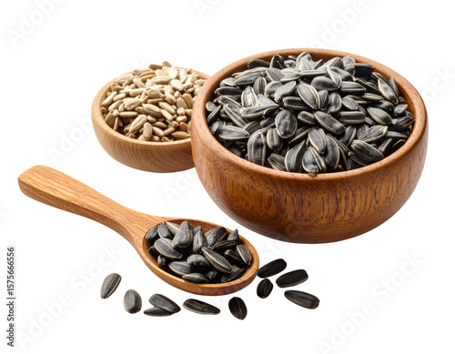 Sunflower Seeds in Wooden Spoon and Bowl Composition, White Background.
