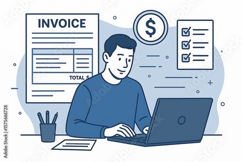 Digital invoice processing, billing management. man using laptop to managing payment, checklist financial workflow, electronic statements.