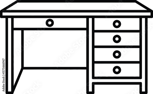 A clean line drawing of a modern wooden desk with multiple drawers.