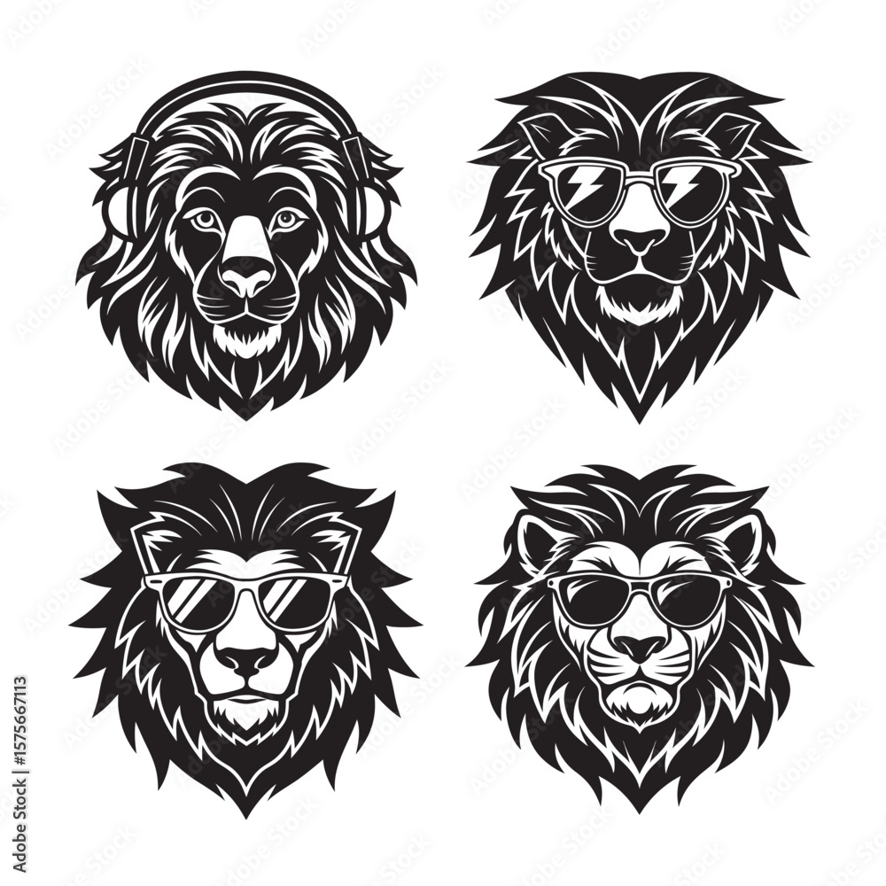 Obraz premium silhouette funny lion head set bundle on the white background