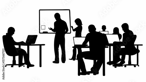 Silhouette illustration of a group of people in a training session with laptops and a whiteboard diagram
