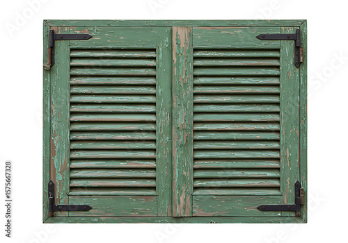 Weathered green shutters with peeling paint evoke a rustic charm, featuring textured wood and aged metal hinges against a transparent background.