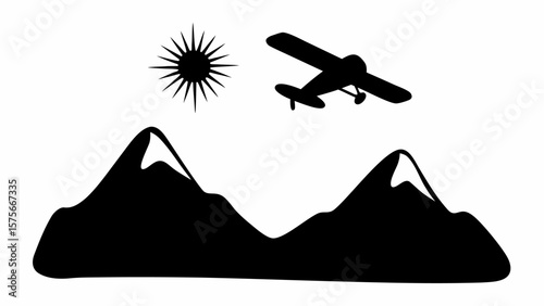 Silhouette of mountains with snow caps under a sun and a small plane flying in the sky above them scene