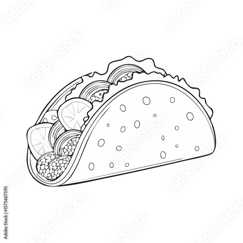Black and white illustration of a tasty taco with ingredients like meat, tomatoes and lettuce.