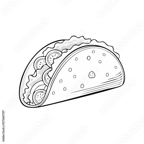 Taco with Tomatoes and Cream Illustration in Black and White