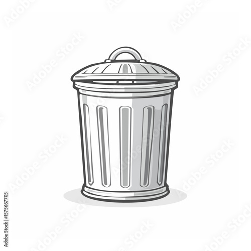 Illustration of a metal garbage can with a lid, a common household waste container