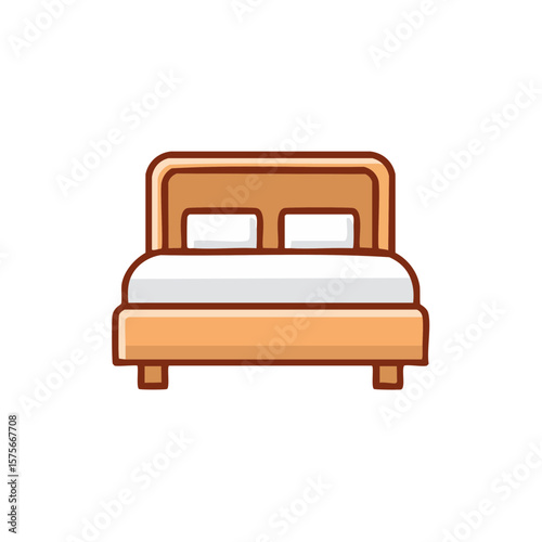 Cartoon double bed with white sheets and pillows on a black background, bedroom furniture, interior design illustration