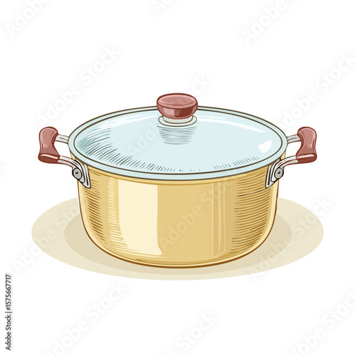 Illustration of a yellow cooking pot with a lid resting on a beige circular stand.