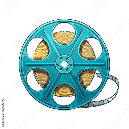 Film Reel with Film Strip Isolated on Black Background, Media and Entertainment Concept
