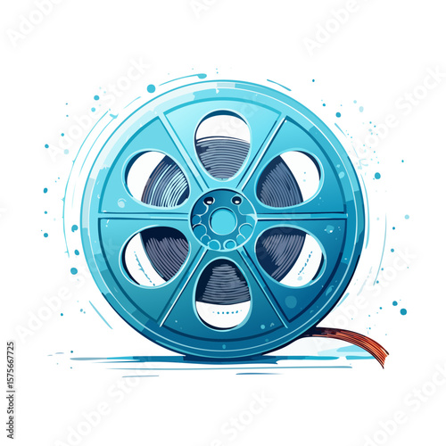 Film Reel Illustration, Blue Movie Tape Spool on Black Background, Entertainment Industry Concept