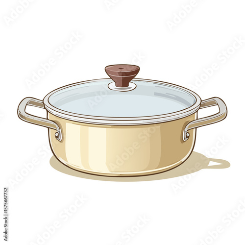 Illustration of a covered cooking pot, stockpot, casserole or saucepan in pastel colors on a black background.
