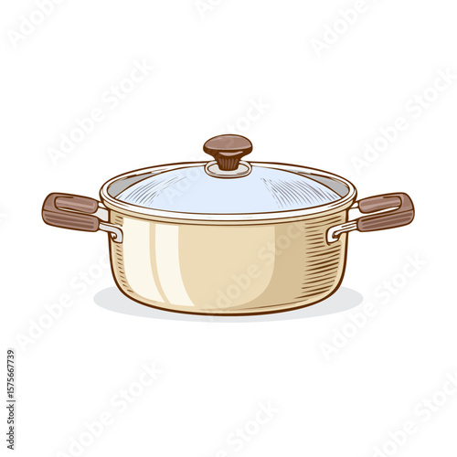 Illustration of a covered cooking pot or saucepan with handle. Kitchen utensil.