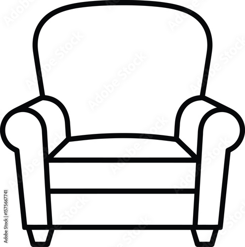 A simple, black and white line drawing of a stylish armchair.