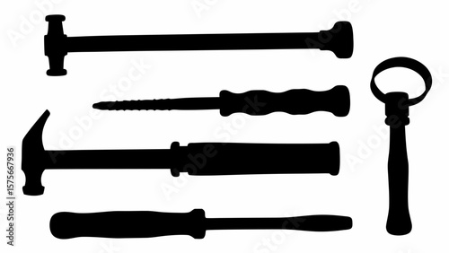 Silhouette depiction of various hand tools including hammers screwdrivers and a specialized bottle opener tool