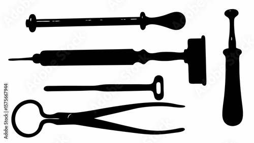 Illustration of vintage medical instruments including forceps and syringe in black and white style art