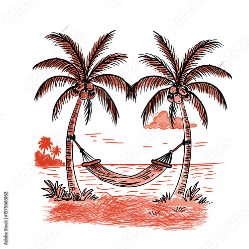 a tranquil tropical beach scene with two palm trees and coconuts, featuring a hammock gently hanging between them in the summer