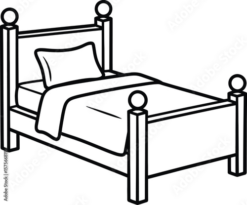 A black and white line drawing of a single bed with a made bed.