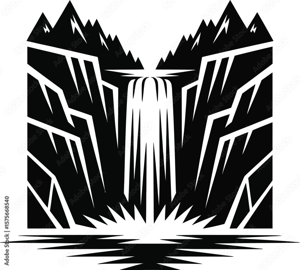 Naklejka premium A bold, graphic illustration of a waterfall cascading down rugged mountain cliffs.