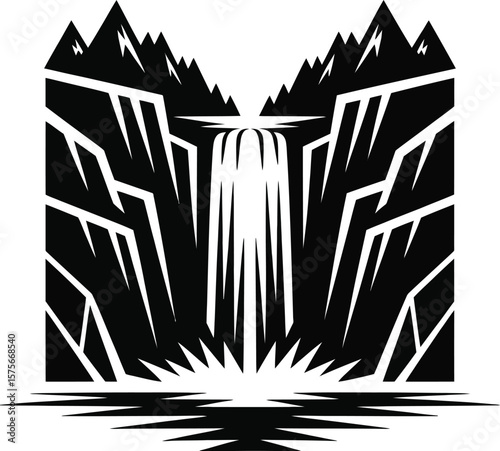 A bold, graphic illustration of a waterfall cascading down rugged mountain cliffs.