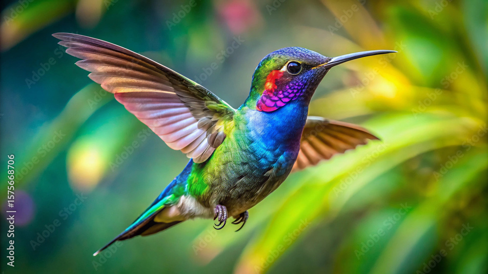 Fototapeta premium A vibrant hummingbird with iridescent blue and green feathers hovers in flight against a soft green background