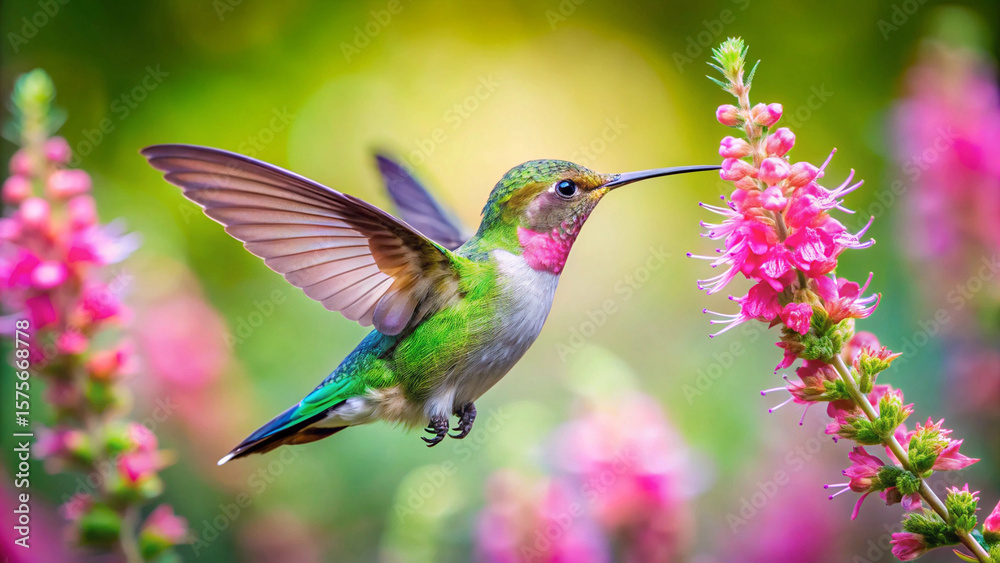 A vibrant hummingbird with iridescent green and pink feathers hovers near a delicate pink flower in a garden A vibrant hummingbird with iridescent green and pink feathers hovers near a delicate pink flower in a garden