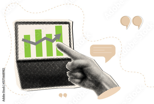 Halftone hand pointing with finger on laptop rising arrow chart on screen,business growth concept,contemporary halftone collage