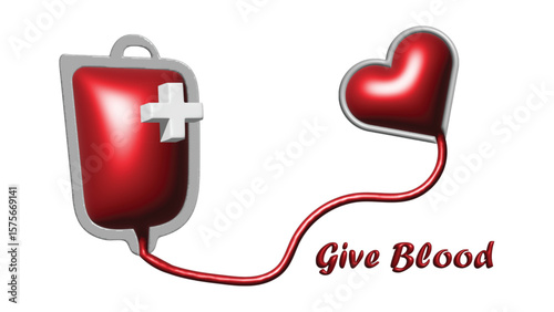 A symbolic illustration promoting blood donation, showing a transfusion bag connected to a heart, representing the gift of life.