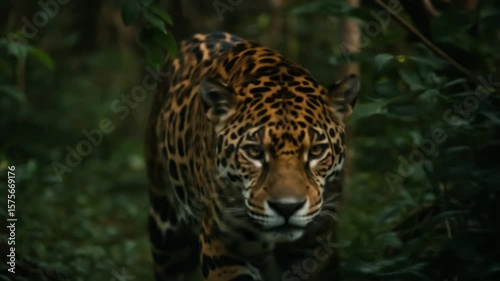 Jaguar walking through lush forest
