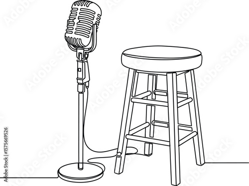 A line drawing of a microphone on a stand and a stool on a white background