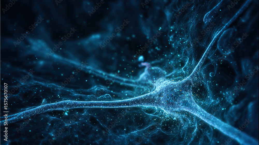 Fototapeta premium A neural stem cell dividing in midnight-blue tissue, resembling celestial star formation.