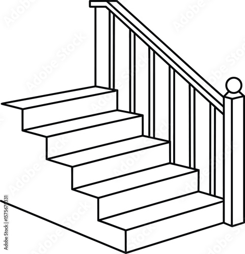 A black and white, simple line drawing of a wooden staircase with a handrail.
