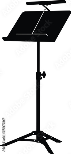 Isolated black music stand with adjustable height and page holders on white