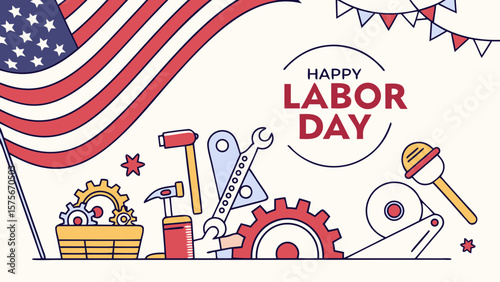 Bold Labor Day banner with USA flag and mechanic tools—great for honoring American labor, industrial pride, patriotic ads, and holiday-themed graphics