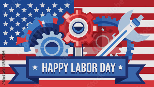 Creative Labor Day banner featuring USA flag and mechanic tools—ideal for American worker tributes, patriotic promotions, and industrial-themed designs