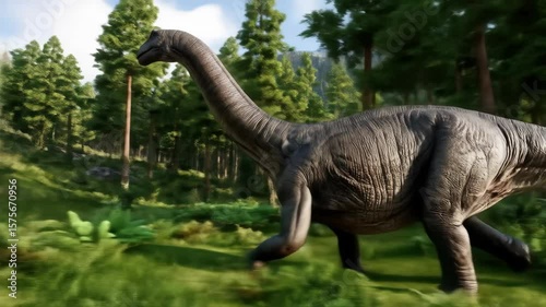 This captivating shot showcases a Brachiosaurus walking in its natural habitat, a lush forest, presenting a prehistoric scene filled with ancient animal life.