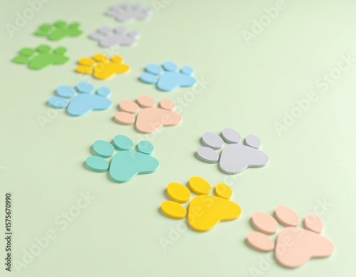 Colorful paw print shapes in various pastel shades arranged on a soft green background, creating a playful and whimsical atmosphere for pet-themed designs or projects