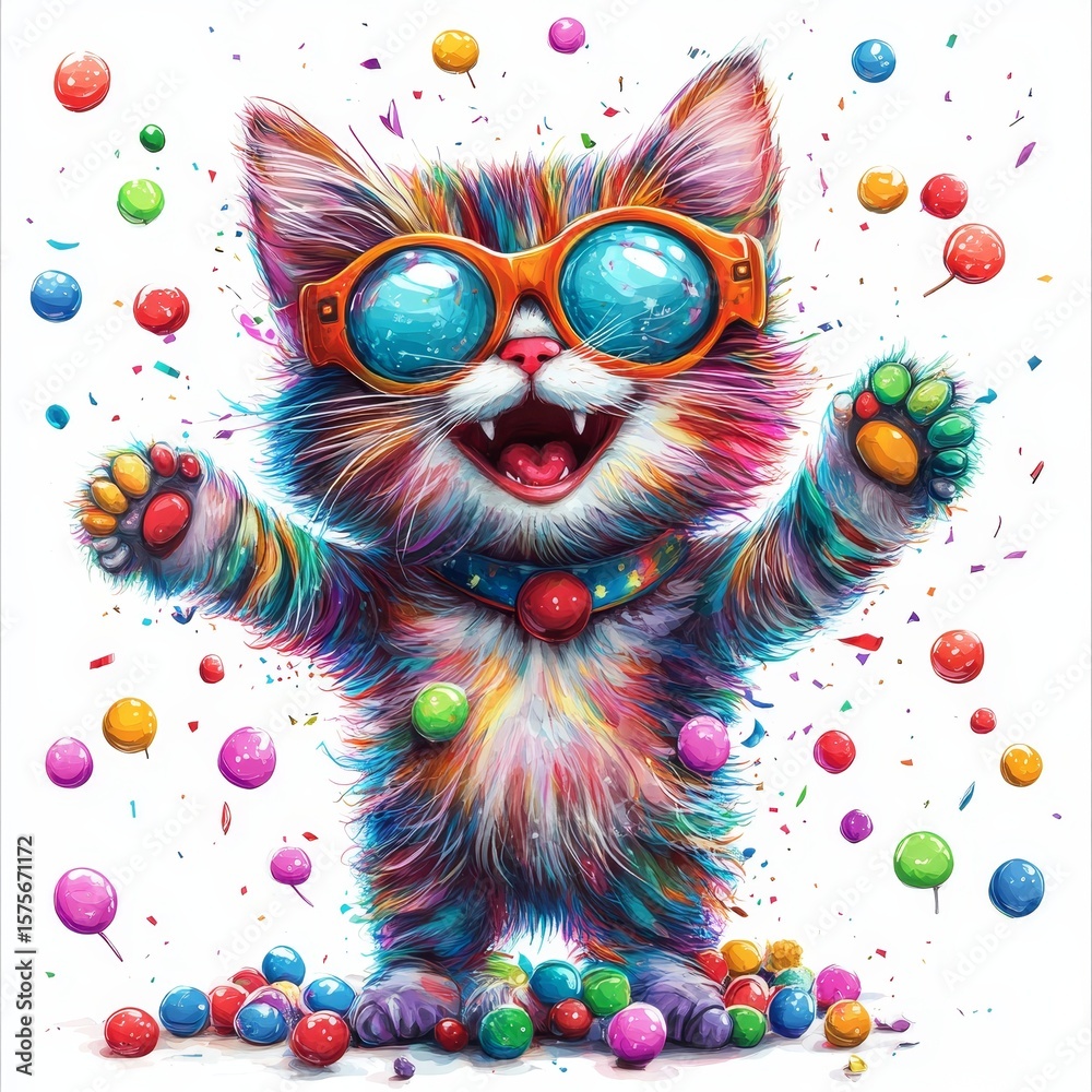 Fototapeta Funny crazy cartoon party cat with bright candies, isolated over a white background, a joyful greeting card for birthdays or other festive occasions. Created with, Generative AI