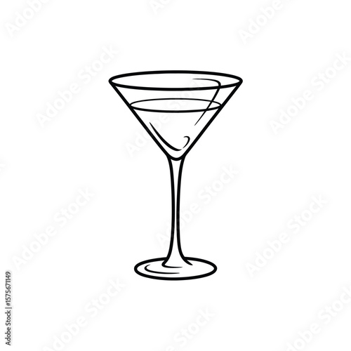 Elegant martini glass with a swirl of liquid black outline on white background