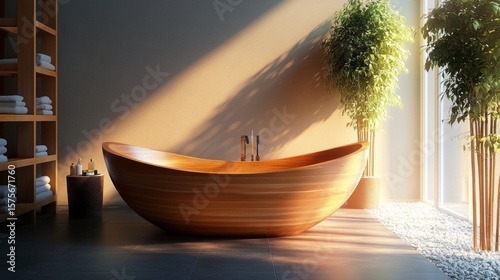 Wooden bathtub in light filled bathroom