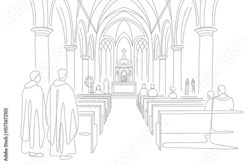 Line drawing of people attending a church service in a gothic cathedral
