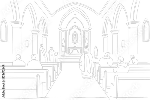 People attending a religious service inside a grand church with arched ceilings and pews