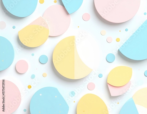 Colorful geometric shapes in pastel hues scattered on a white background, creating a playful and vibrant atmosphere, ideal for design and creative projects